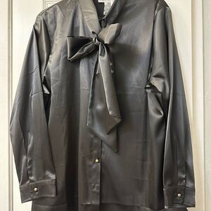 Dainty Jewels Elegant Black Satin Women's button down blouse.